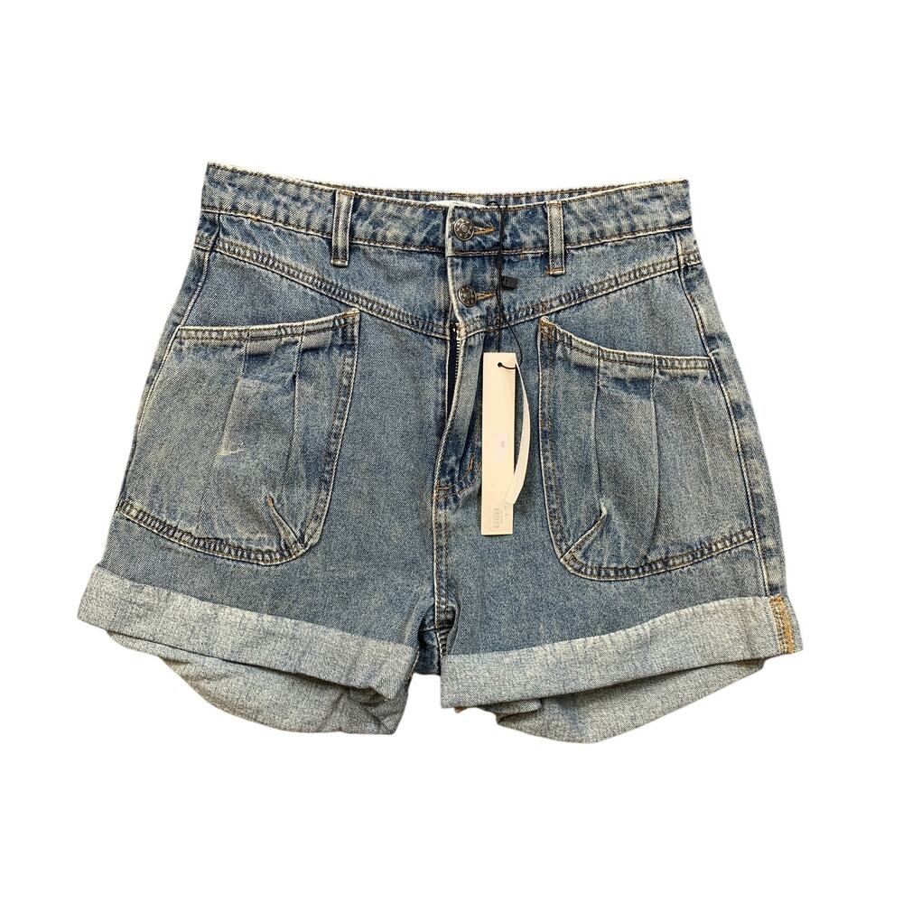 Mustard Seed Shorts Womens M Medium Denim High Waisted Pleated Rolled Up Cuffs